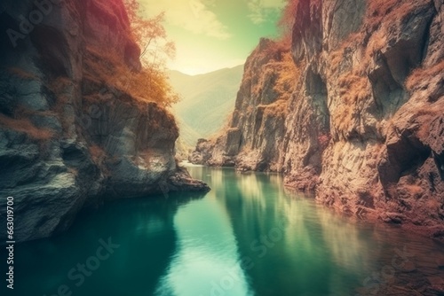River through fantasy gorge. Mountain landscape, picturesque lake. Fabulous nature, amazing seascape. Generative AI