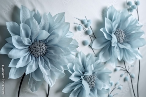 Four light blue flowers on fabric wallpaper with a 3D effect. Generative AI
