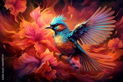 A bird hovers near a flower, its vibrant feathers. Generative AI © Aphrodite