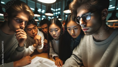Close-up image in a university study space with ambient indoor lighting. Friends of different backgrounds collaborate in a late-night study session