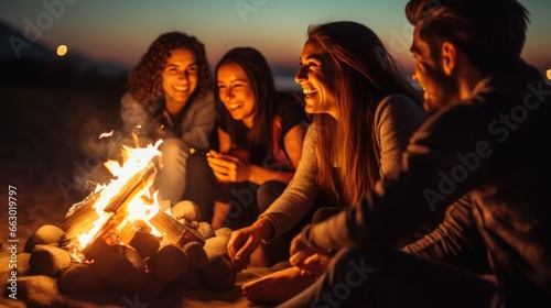 A group of friends around a beach bonfire, enjoying a starry night, their faces illuminated by the warm firelight.