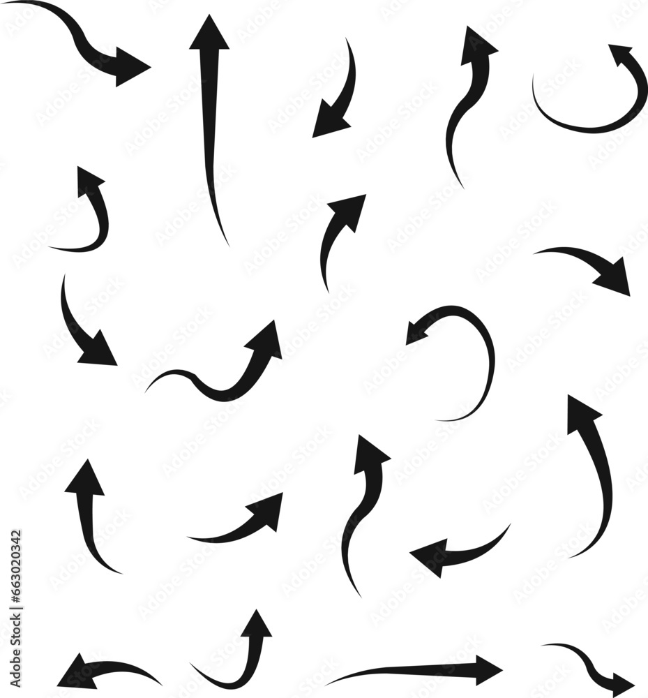 Curved arrows sign collection. Hand drawn arrow vector icon set.. Simple arrow mark icons. Sketch doodle style. Group of pointer. Direction indicators