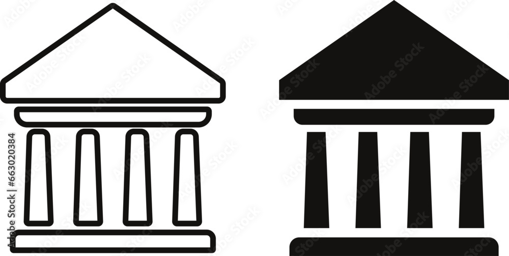 Set of Bank building icons. Group Government building outline and flat style. Building with columns. Collection Historic building line symbol - stock vector.