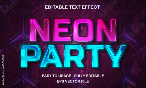 Neon party editable text effect template, 3d bold neon glossy futuristic style typography, premium vector