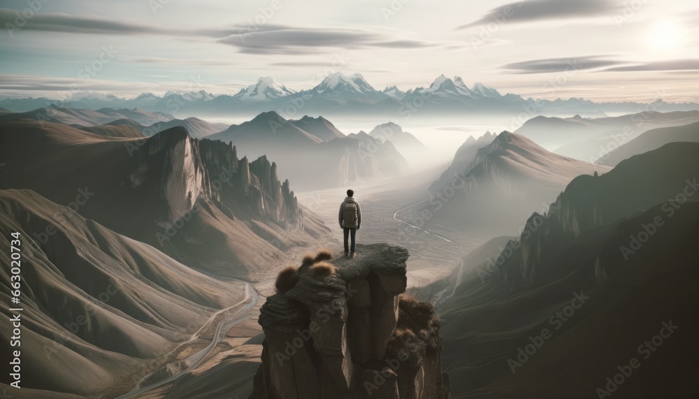 Solo Traveler on Vast Mountain Cliff with Majestic Peaks View