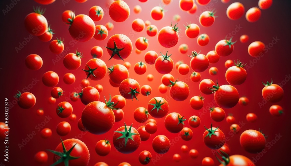 Suspended Cherry Tomatoes in Dynamic Red Scene Suspended Cherry Tomatoes in Dynamic Red Scene