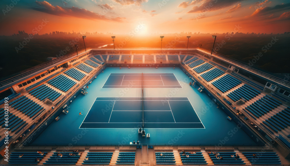 Aerial View of Blue Hard Court Tennis Arena - obrazy, fototapety, plakaty 