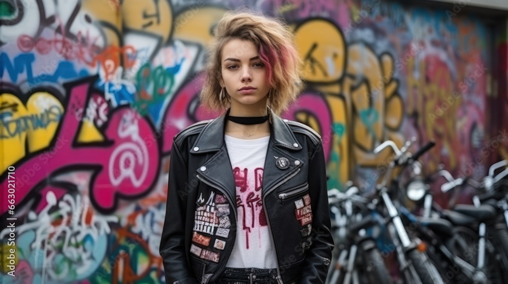 A punk rock enthusiast in a leather jacket and band tees, stands by a graffiti wall, her attire paying homage to her rebellious musical roots.