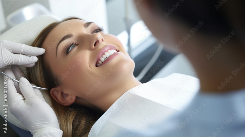 A dentist performing a routine check-up on a relaxed patient, tools at the ready, promoting dental hygiene. A dentist performing a routine check-up on a relaxed patient, tools at the ready, promoting dental hygiene.