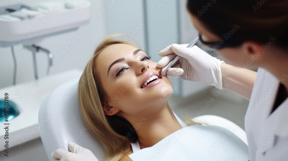 A dentist performing a routine check-up on a relaxed patient, tools at the ready, promoting dental hygiene. A dentist performing a routine check-up on a relaxed patient, tools at the ready, promoting dental hygiene.
