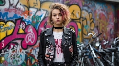A punk rock enthusiast in a leather jacket and band tees  stands by a graffiti wall  her attire paying homage to her rebellious musical roots.