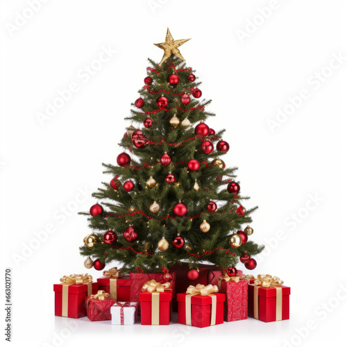 Festive Christmas tree with presents isolated on white 