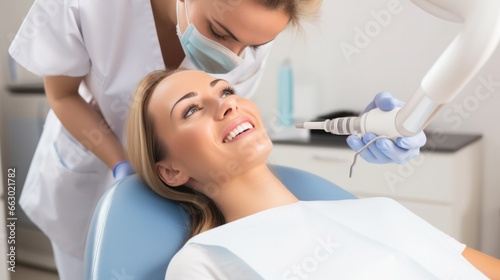 A dentist performing a routine check-up on a relaxed patient, tools at the ready, promoting dental hygiene. photo