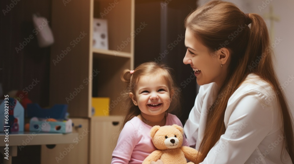 A pediatrician in a clinic, giving a smiling child a check-up, the room filled with toys to create a comforting environment. A pediatrician in a clinic, giving a smiling child a check-up, the room filled with toys to create a comforting environment.
