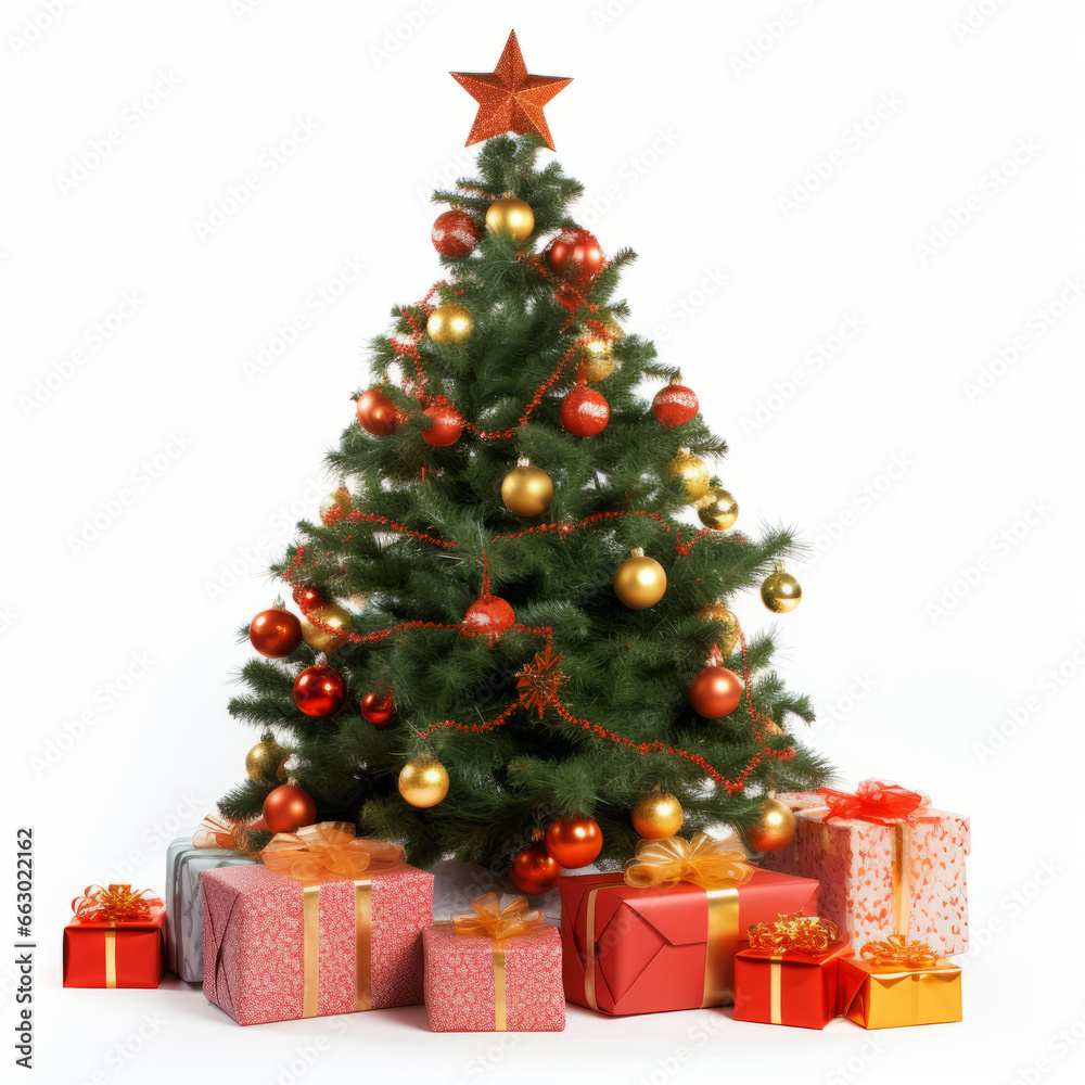 Festive Christmas tree with presents isolated on white Festive Christmas tree with presents isolated on white