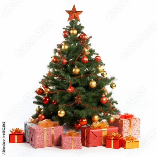 Festive Christmas tree with presents isolated on white 