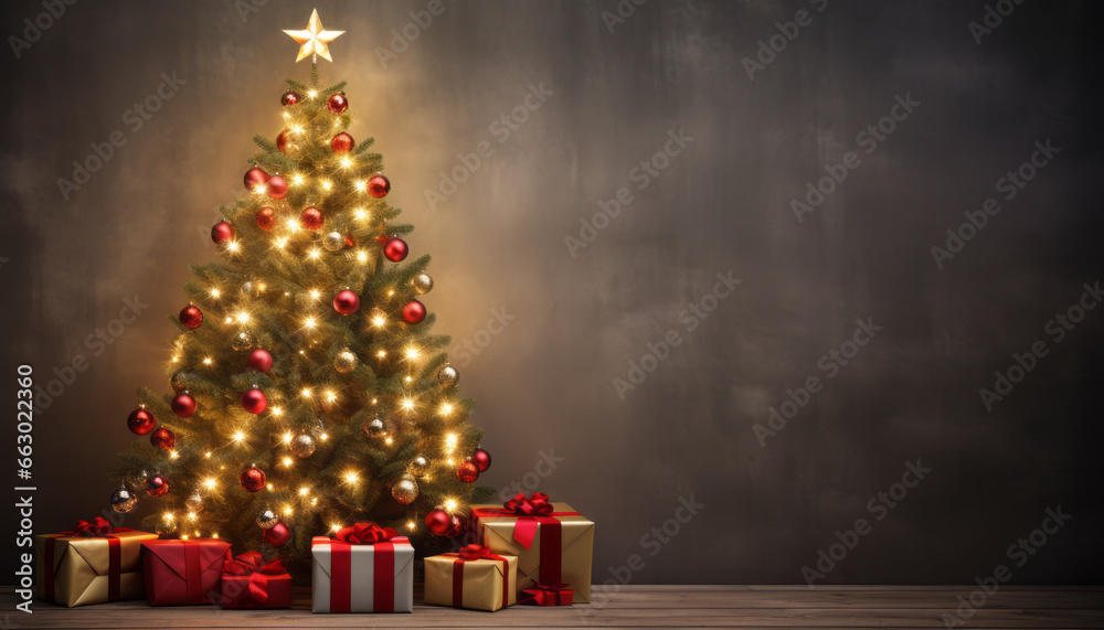 The Christmas tree standing on the wooden floor against a blank wall