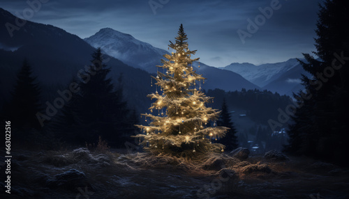 The illuminated Christmas tree in a winter landscape at blue hour