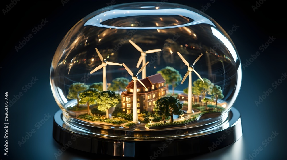 A miniature sustainable village inside a glass dome with model houses and wind turbines, showcasing  the concept of sustainability and renewable energy, Created with Generative AI Technology - obrazy, fototapety, plakaty 
