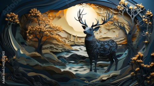 Dark Blue 3D Art Mural with Modern Deer Motif © jesica