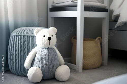 White teddy bear up close on a gray pouf in a bedroom. Generative AI