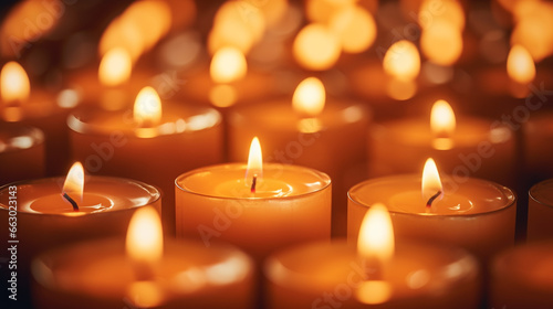 close up candles lighting on the wooden floor background © piggu