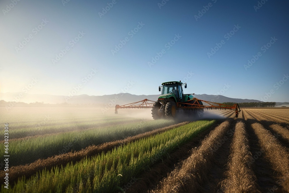 Wide angle photo of crop sprayer treating wheat field with chemicals in South Africa. Generative AI - obrazy, fototapety, plakaty 