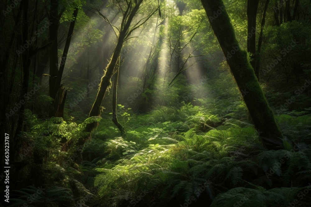 Captivating sunlight filters through lush foliage in a verdant forest. Generative AI