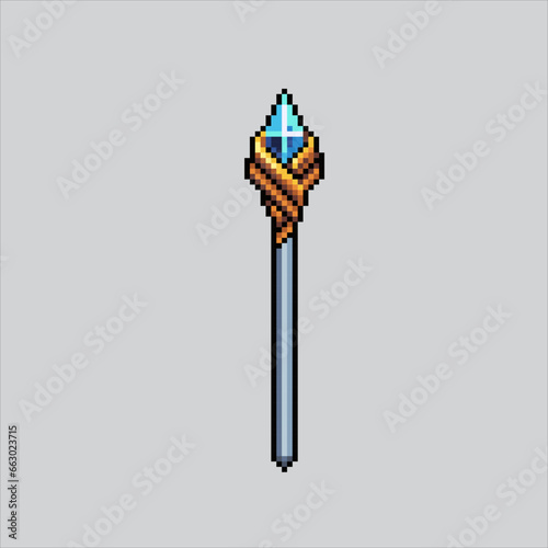 Pixel art illustration Magical Staff. Pixelated Magic staff. Wizard witch magical staff
icon pixelated for the pixel art game and icon for website and video game.
old school retro