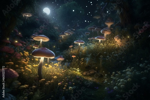 A captivating garden illuminated by the moon: radiant blossoms, shining fungi, and enchanting beings. Generative AI