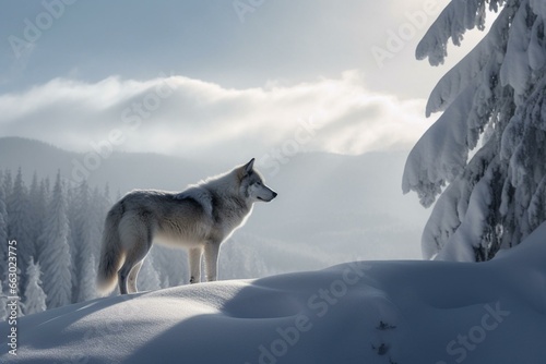 Stunning snowy scenery featuring massive wolf. Generative AI