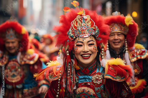 Vibrantly Clad Revelers Parading Through the Streets for Chinese New Year