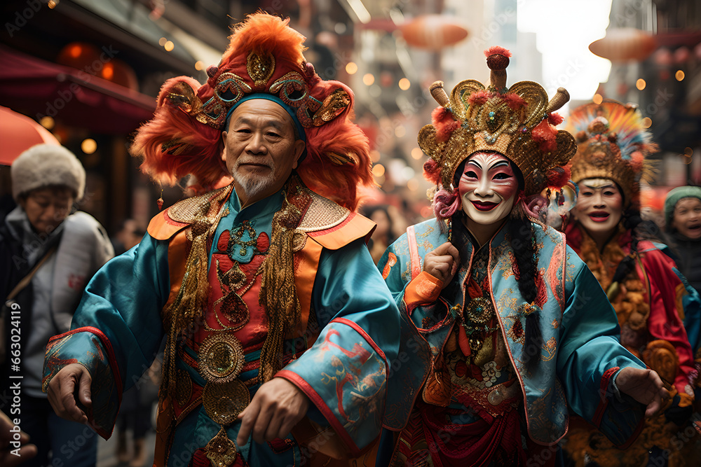 Vibrant Crowd Celebrating Chinese New Year with Colorful Costumes, Street Parade