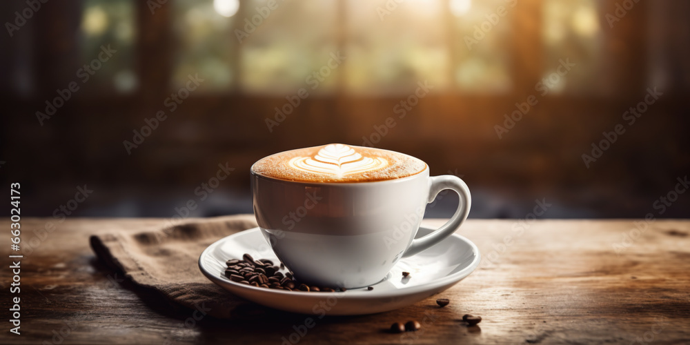 A cozy cup of Latte in a rustic coffee shop, with steam rising from the mug A cozy cup of Latte in a rustic coffee shop, with steam rising from the mug