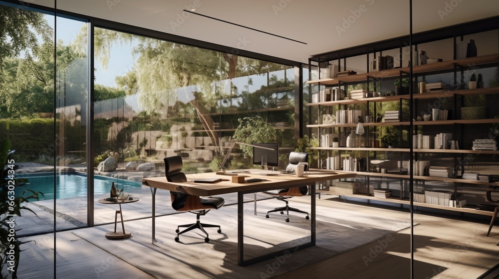 A contemporary home office with glass walls, the HD camera showcasing the transparent and open design that fosters a bright and collaborative workspace.