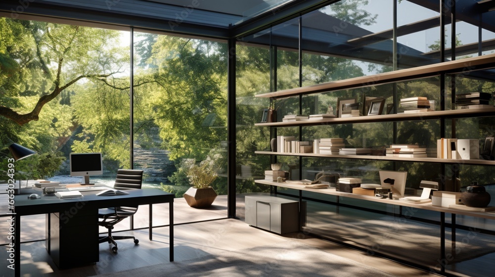 A contemporary home office with glass walls, the HD camera showcasing the transparent and open design that fosters a bright and collaborative workspace.