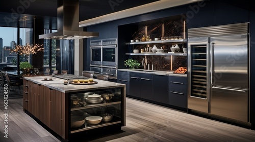A contemporary kitchen with dark accent walls and stainless steel appliances, the HD camera emphasizing the modern and sleek design, creating a functional workspace.