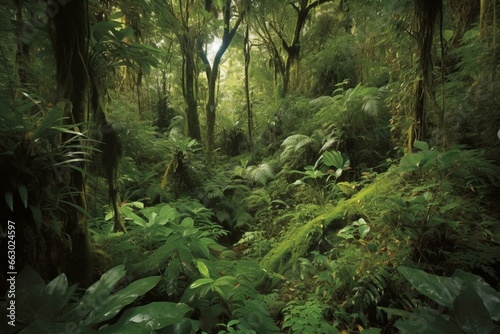 Lush rainforest filled with dense green vegetation. Generative AI