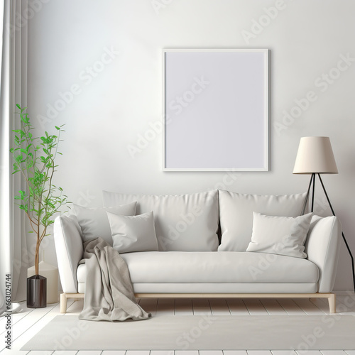 Blank Picture Frame Mockup on Gray Wall  White Living Room 