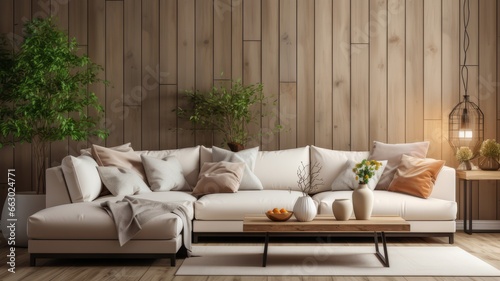 Elegant Beige Couch Near Wooden Paneling