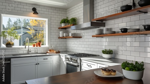 A contemporary kitchen with open shelving and subway tile walls, the HD camera emphasizing the clean and streamlined design, making meal preparation a joy. photo