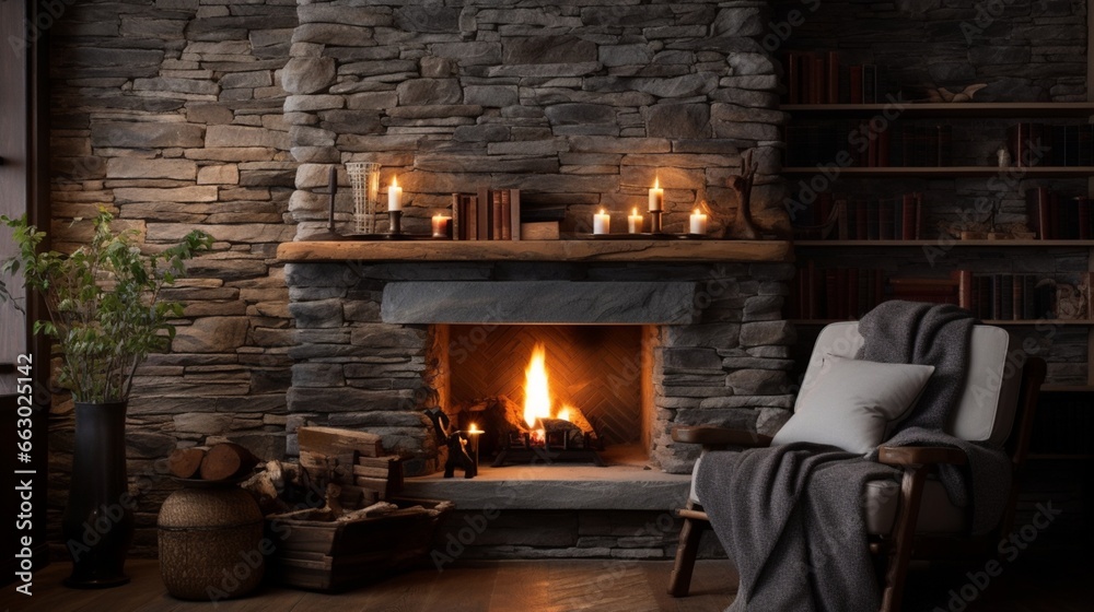 A cozy fireplace nook with stone accent walls, the high-resolution camera capturing the warmth and charm of this intimate and inviting space.