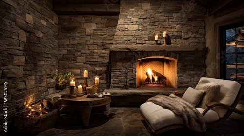 A cozy fireplace nook with stone accent walls  the high-definition camera capturing the warmth and charm of this intimate and inviting space.
