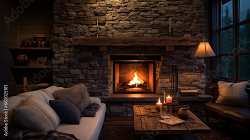 A cozy fireplace nook with stone accent walls, the high-definition camera capturing the warmth and charm of this intimate and inviting space.