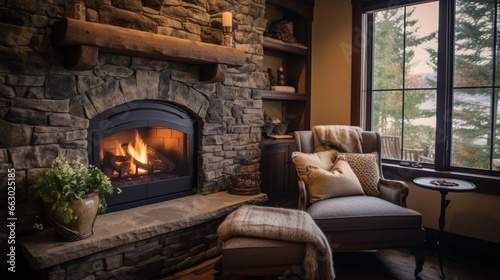 A cozy fireplace nook with stone accent walls, the HD camera capturing the warmth and charm of this intimate and inviting space.