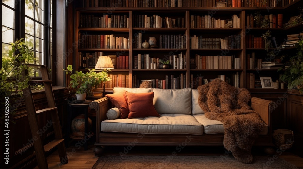Obraz premium A cozy reading corner with built-in bookshelves and warm-toned walls, the high-definition camera capturing the intimate and literary atmosphere.