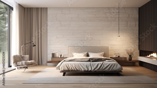 A chic and modern bedroom with textured interior walls  the HD camera capturing the interplay of light and shadows  creating a serene and stylish retreat.