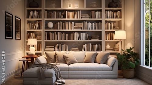 A cozy reading corner with built-in bookshelves and neutral interior walls, the high-definition camera highlighting the comfort and intellectual ambiance. © Nairobi 