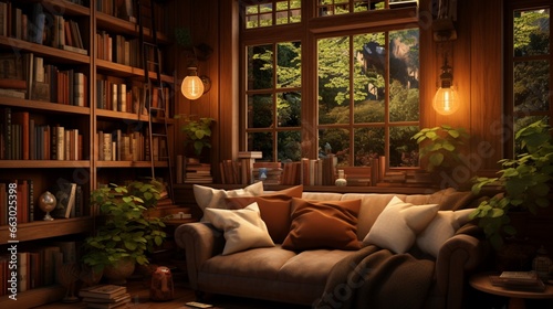 A cozy reading corner with built-in bookshelves and warm-toned walls  the HD camera capturing the inviting and literary atmosphere.
