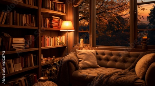 A cozy reading nook with built-in bookshelves and warm-toned walls, the HD camera capturing the inviting and literary atmosphere.